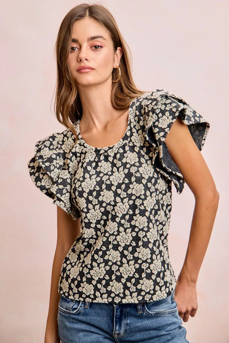 BiBi Floral Jacquard Ruffle Sleeves Knit Top - BLACK/LT GREY - Bexa Boutique