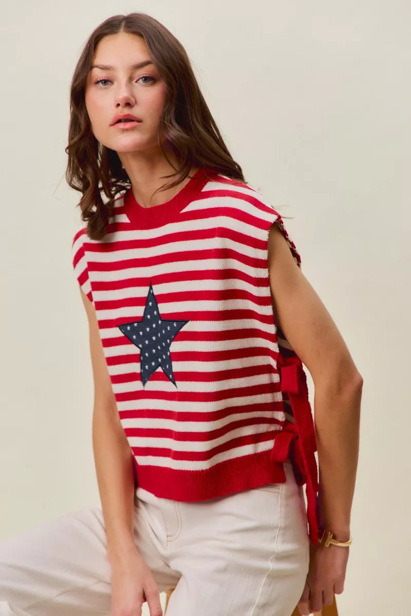 SO ME Stripe Star Patch 4th Of July Side Tie Vest Top - RED/IVORY - Bexa Boutique