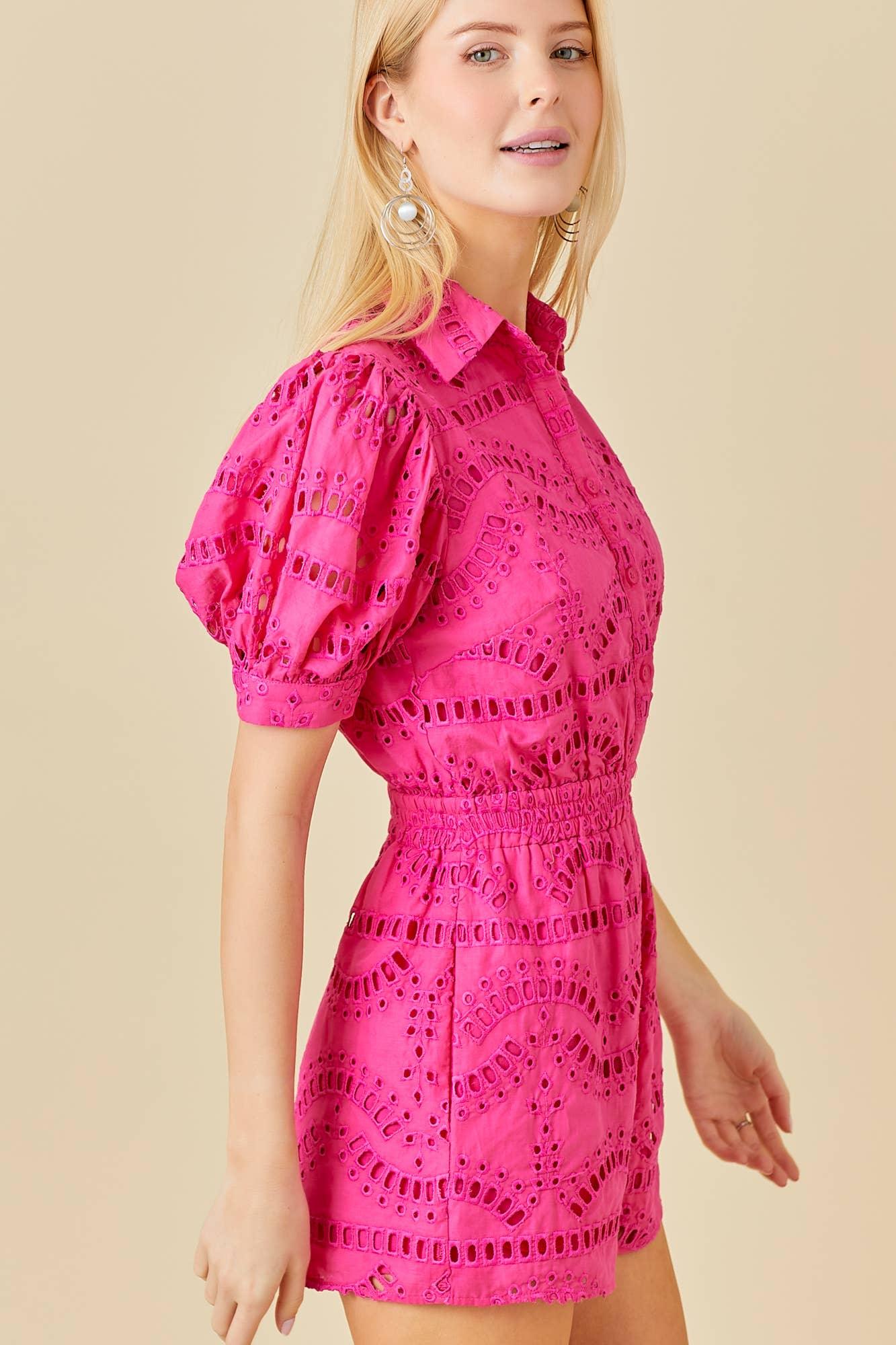 Eyelet Lace Puff Sleeve Romper Hot Pink