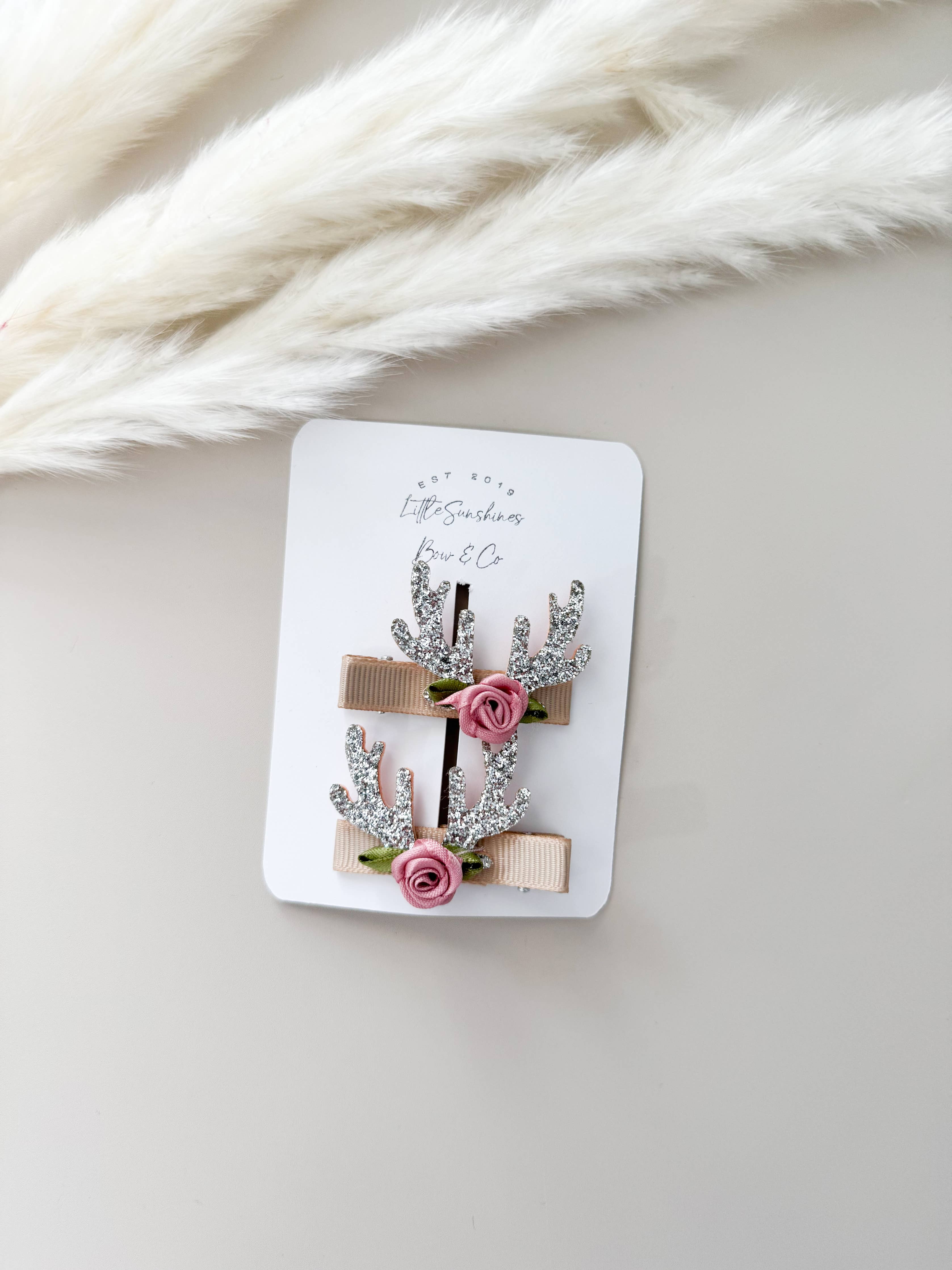 Glitter Antler & Satin Flower Hair Clips- Set of 2