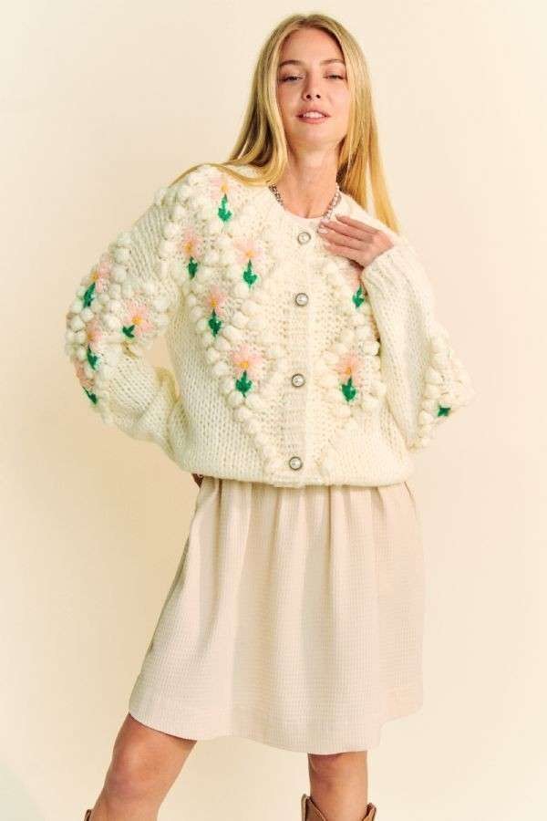 Cream Floral Cardigan Sweater