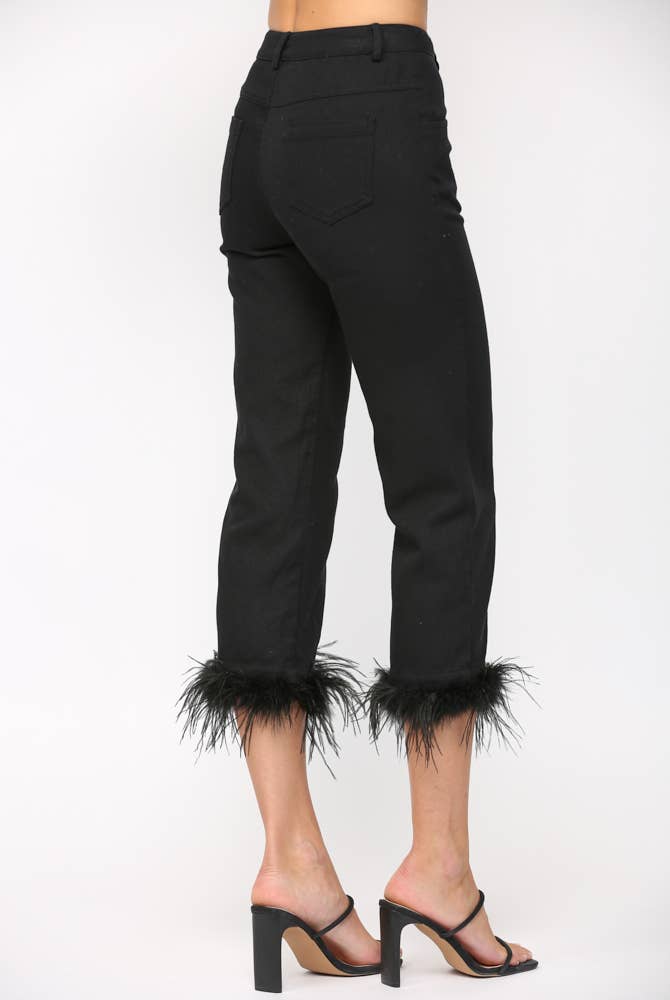 DETACHABLE FEATHER TRIM HEM JEANS