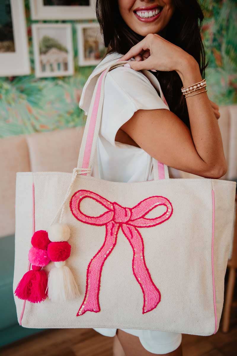 Coquette Bow Pink Sequin Canvas Tote Bag - Beige Canvas - Bexa Boutique