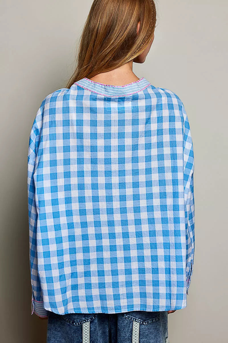 POL Gingham Embroidered Palm Tree Blouse - BLUE MULTI - Bexa Boutique