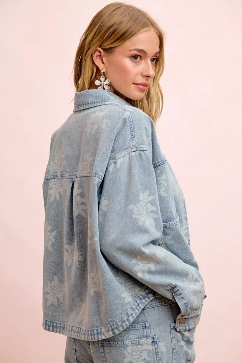 BiBi Printed Washed Denim Jacket With Pocket - DENIM - Bexa Boutique