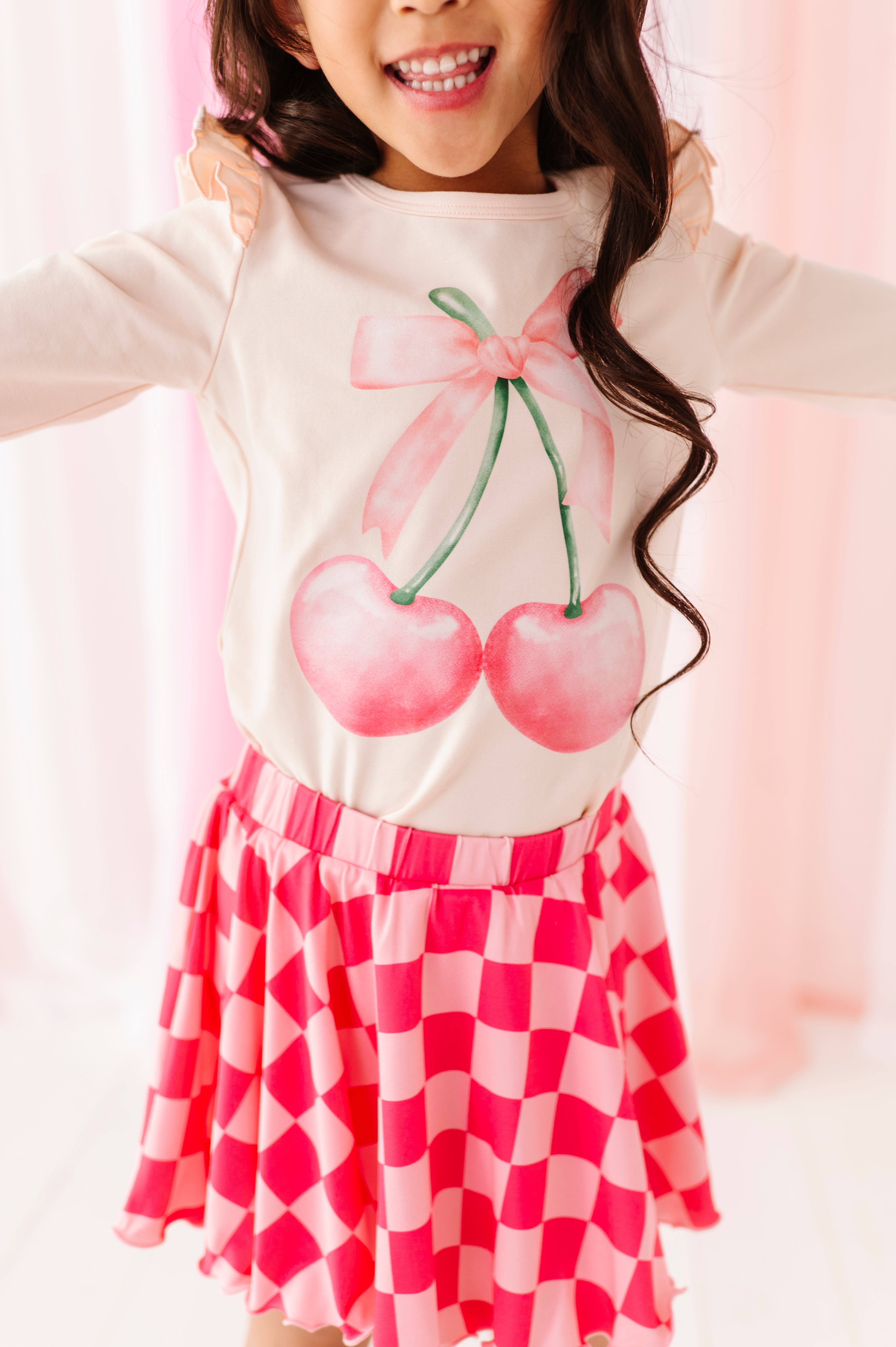 Large Heart Cherries | Pink Ruffle Long Sleeve