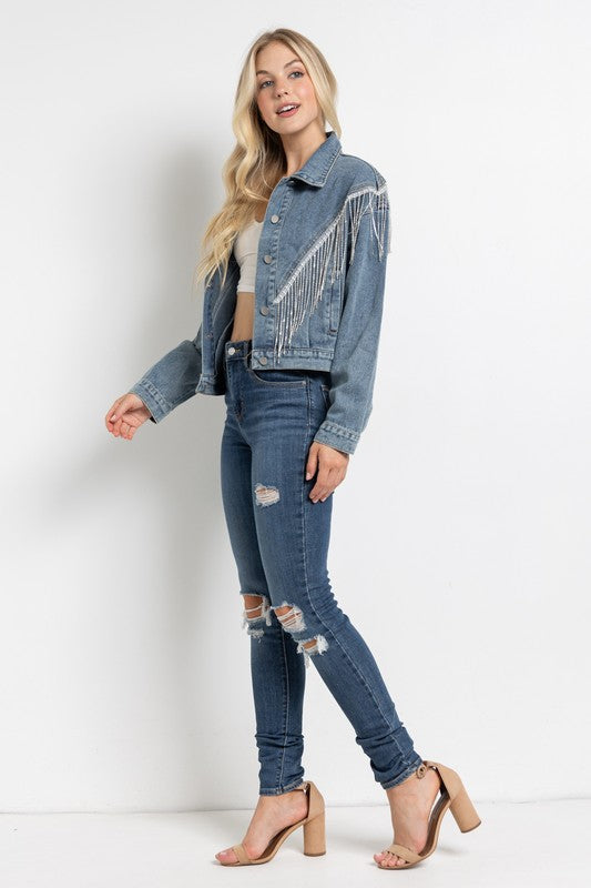 CROP DENIM JACKET WITH RHINESTONE FRINGE