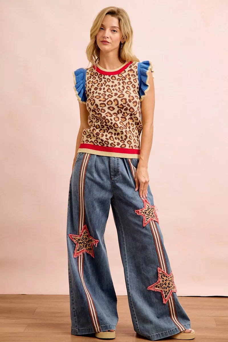 BiBi 4th Of July Leopard Ruffled Detail Knit Top - LEOPARD/RED/BLUE - Bexa Boutique