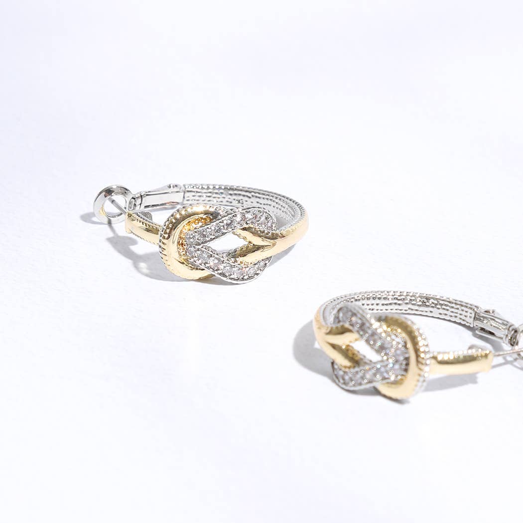 Two-Toned CZ Pave Knotted Huggie Hoop Earrings