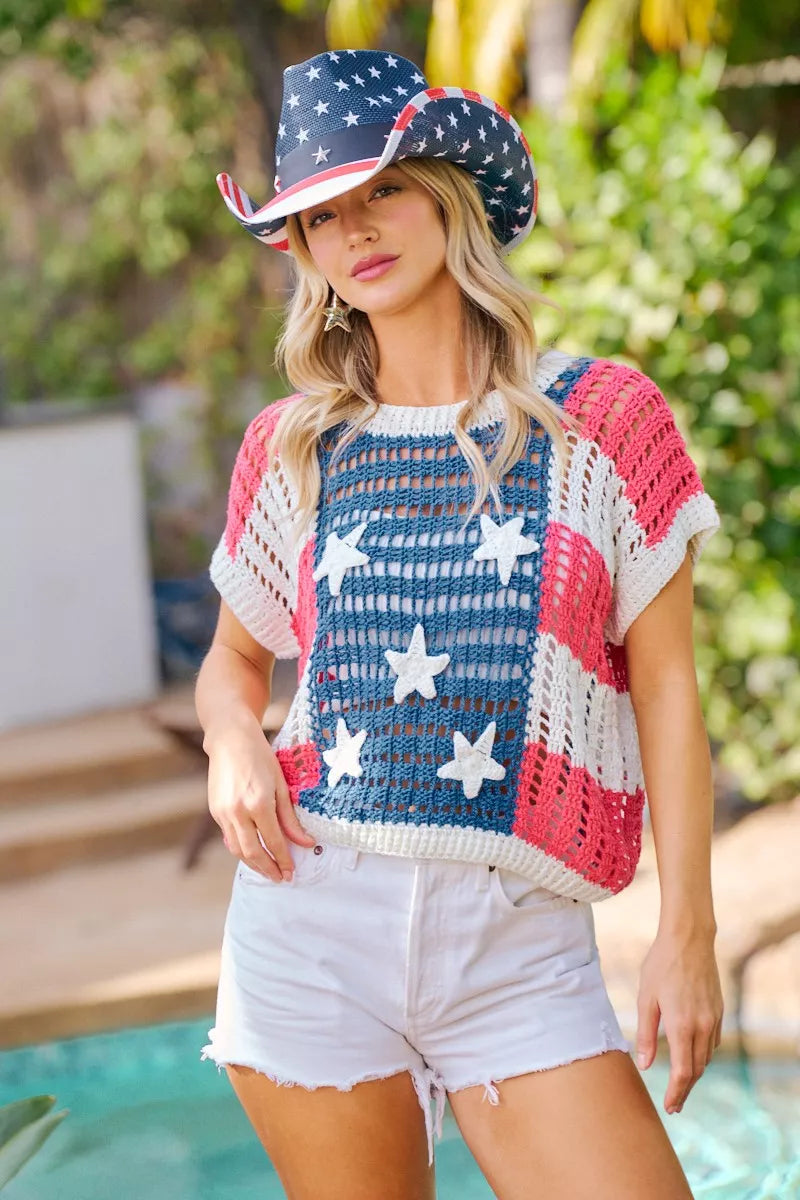 BiBi Crochet Star Patches 4th Of July Sweater Cover Up - AMERICAN FLAG - Bexa Boutique