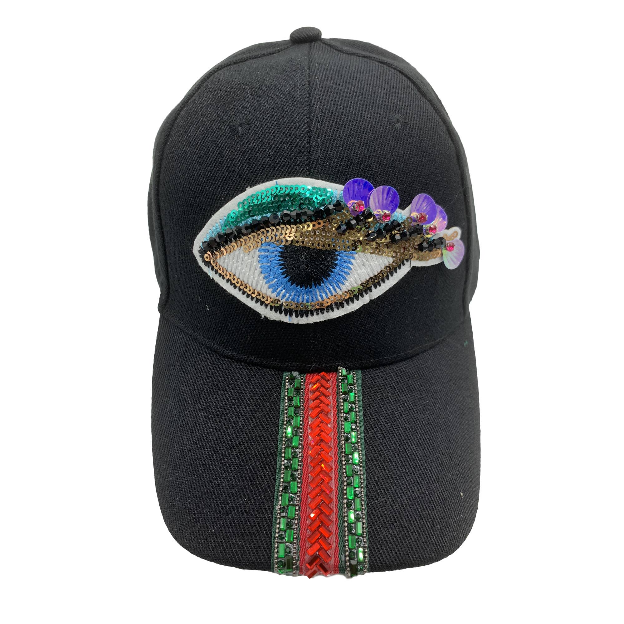 Evil Eye Sequin Lashes Striped Rhinestone Cap