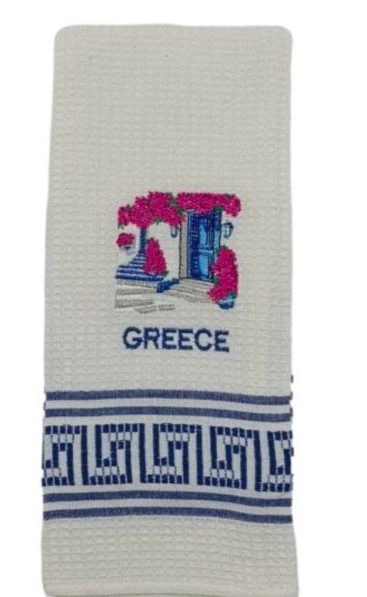 Greek Courtyard Waffle-Weave Kitchen Towels – Assorted Meander Designs