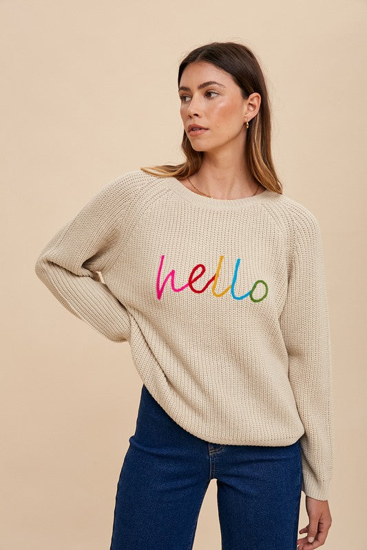 HELLO Embroidered Raglan Sleeve Sweater - Oatmeal