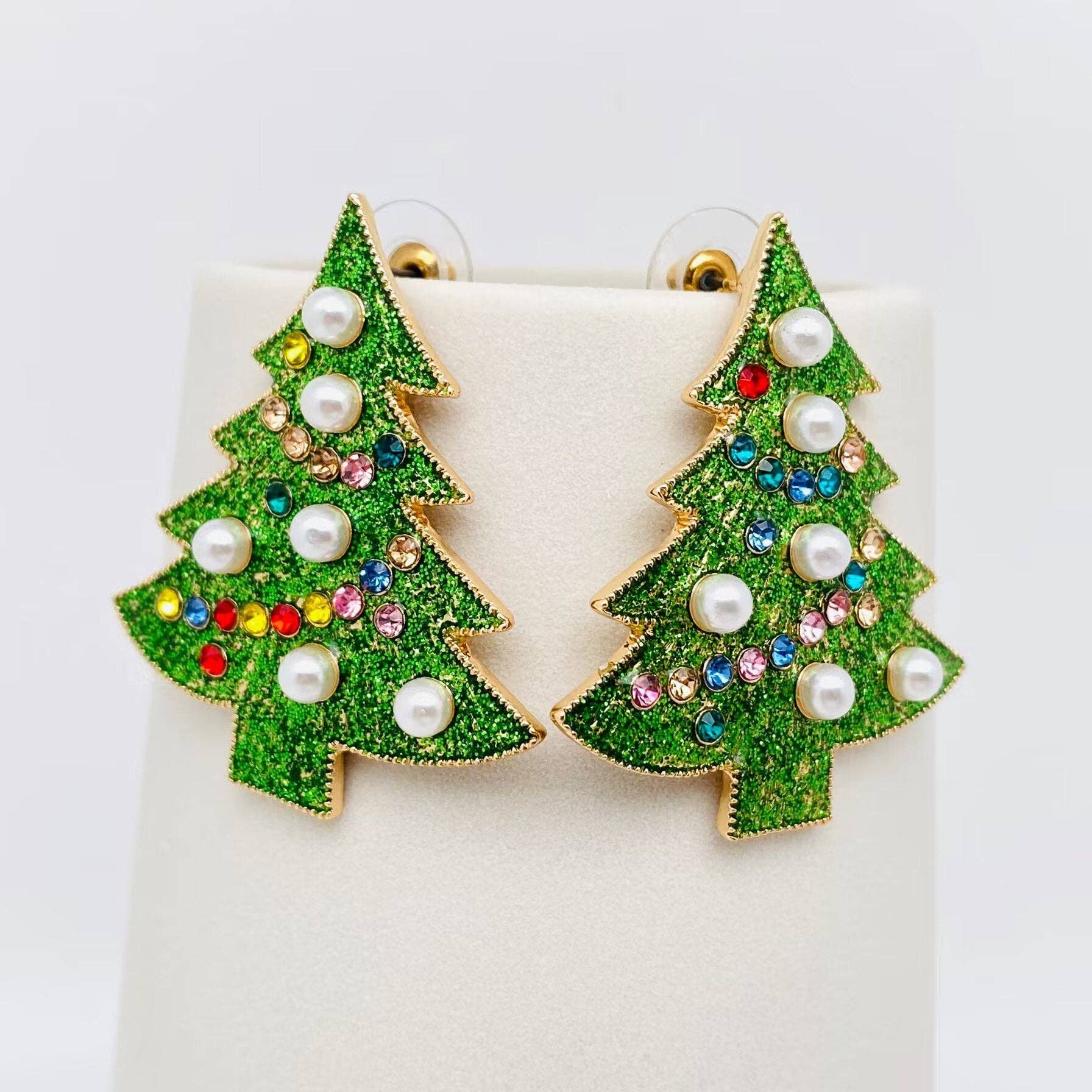 Christmas Tree Rhinestone Pearl Green Enamel Post Earrings