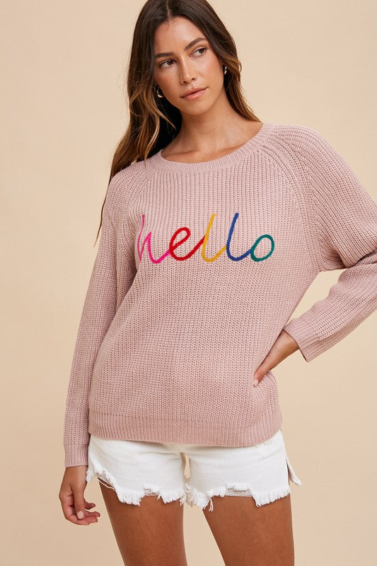 HELLO Embroidered Raglan Sleeve Sweater - Mauve