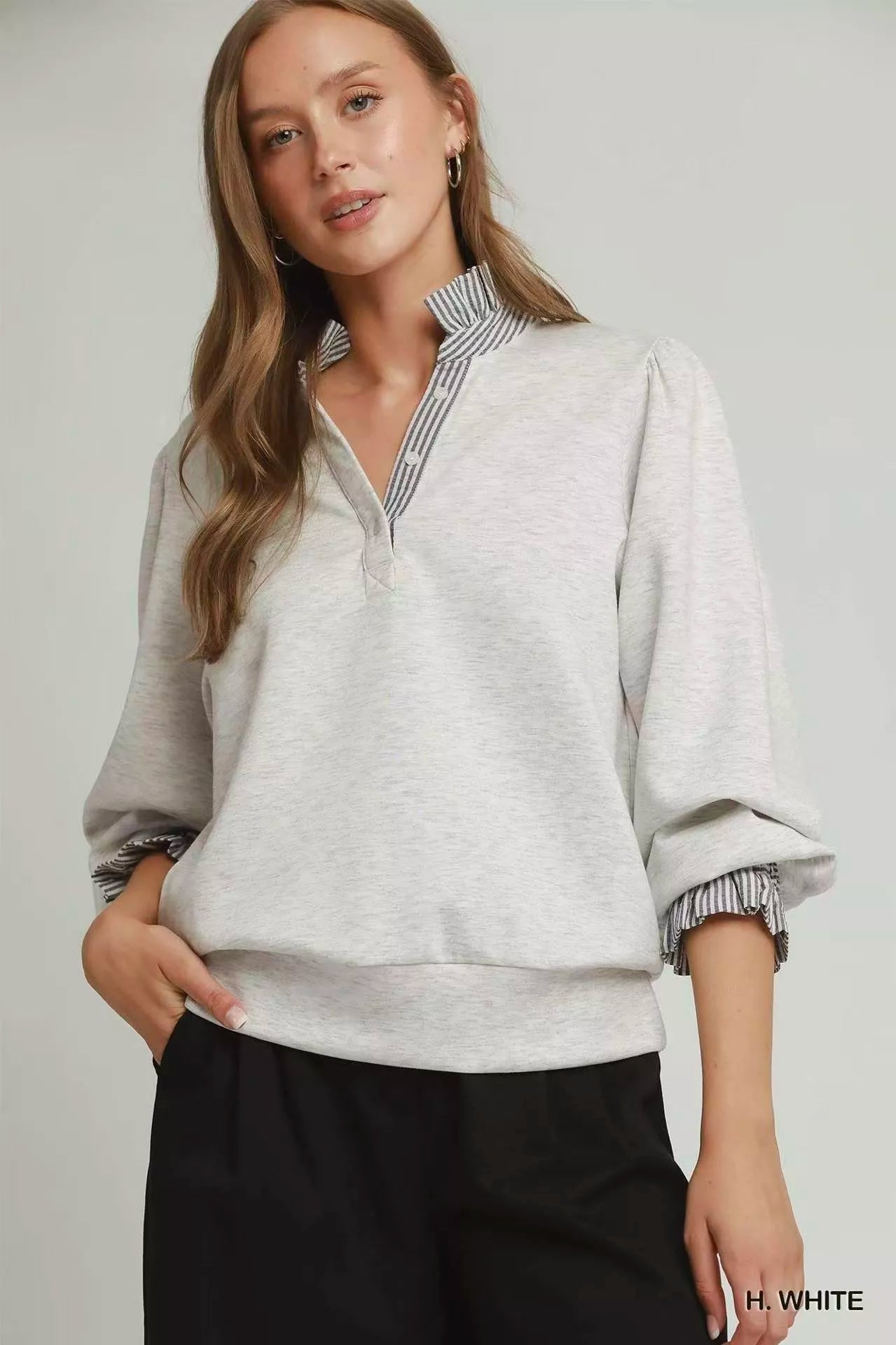 Umgee Stripe Ruffle Neck Long Sleeve Top - H. WHITE - Bexa Boutique