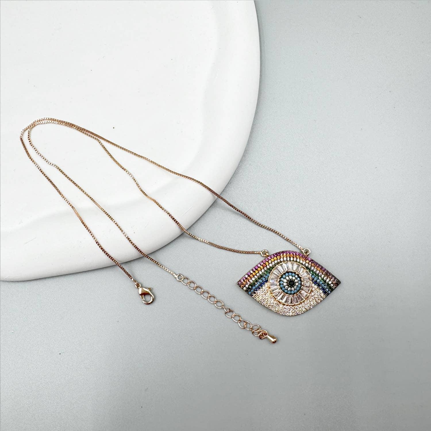 Evil Eye Cubic Zirconia Necklace Teal & Gold