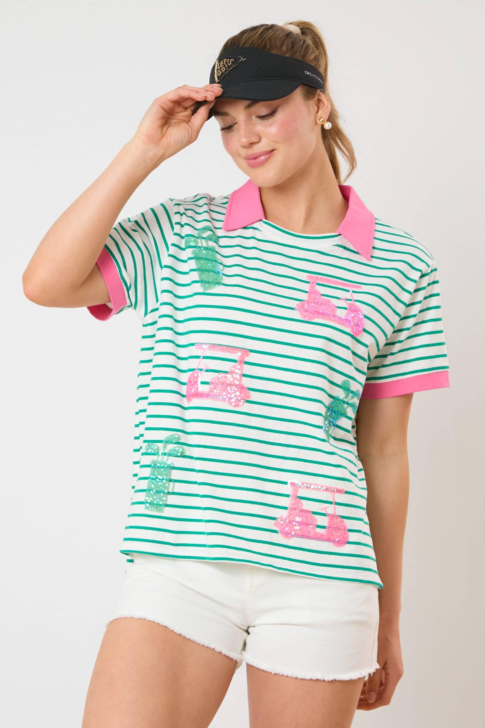 Golf Cart & Bag Sequins Embroidery Short Sleeve Top