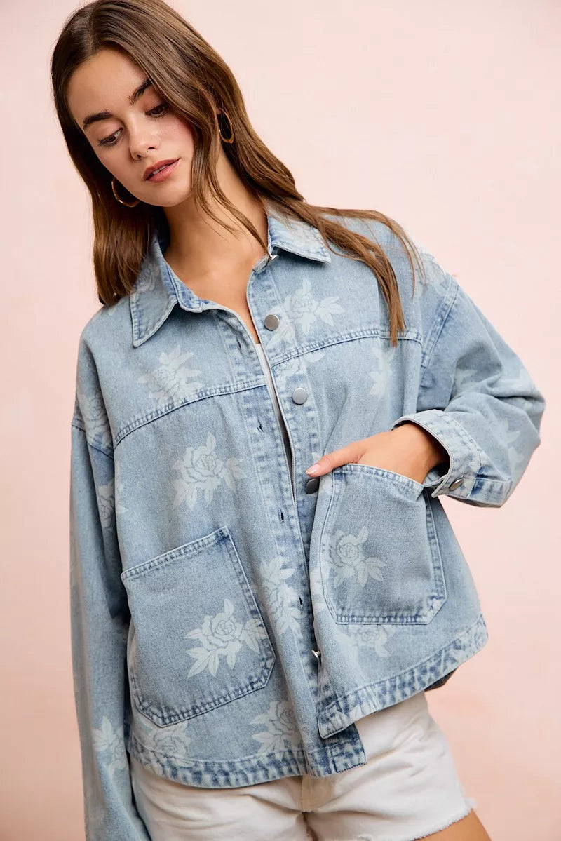BiBi Printed Washed Denim Jacket With Pocket - DENIM - Bexa Boutique