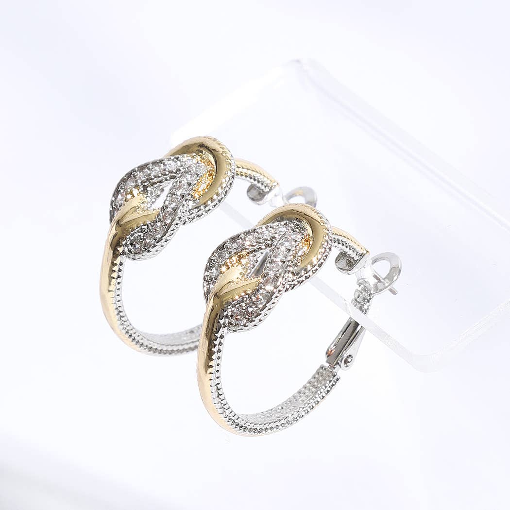 Two-Toned CZ Pave Knotted Huggie Hoop Earrings