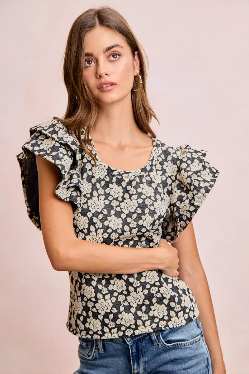 BiBi Floral Jacquard Ruffle Sleeves Knit Top - BLACK/LT GREY - Bexa Boutique