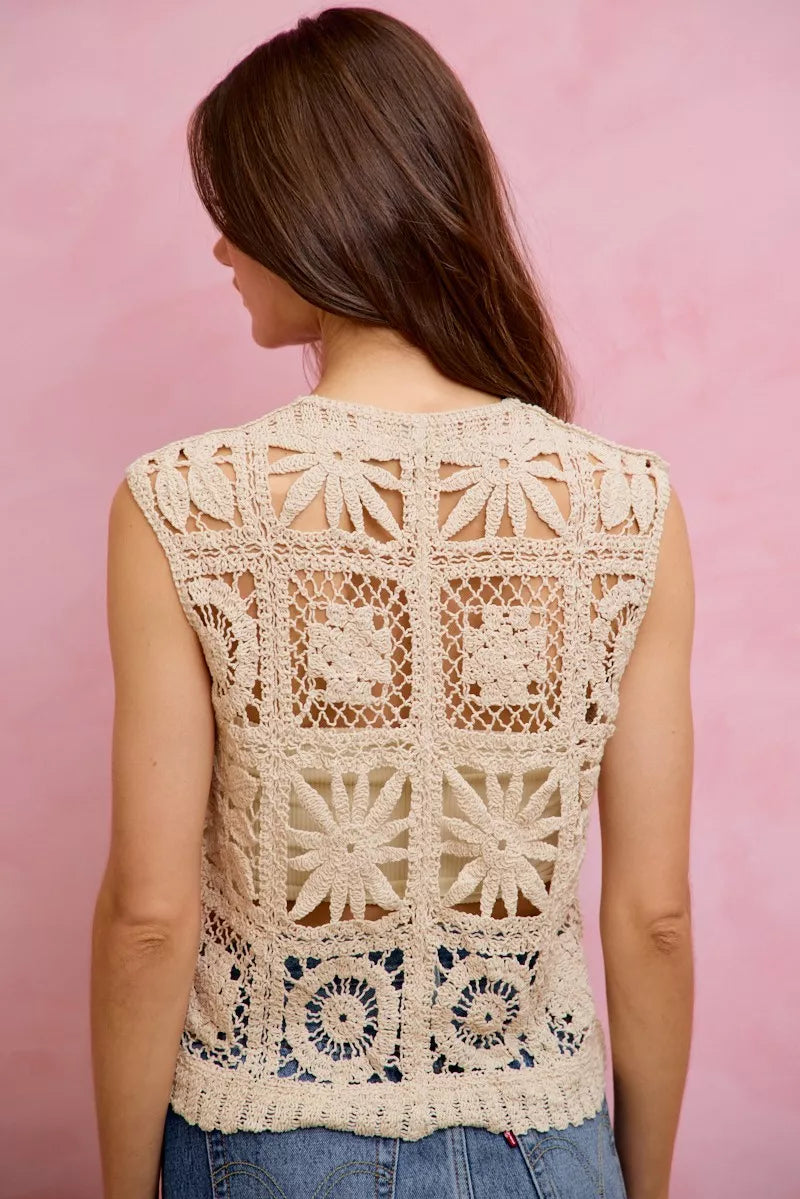 SO ME Summer Crochet Patterned Sleeveless Vest Top - NATURAL - Bexa Boutique