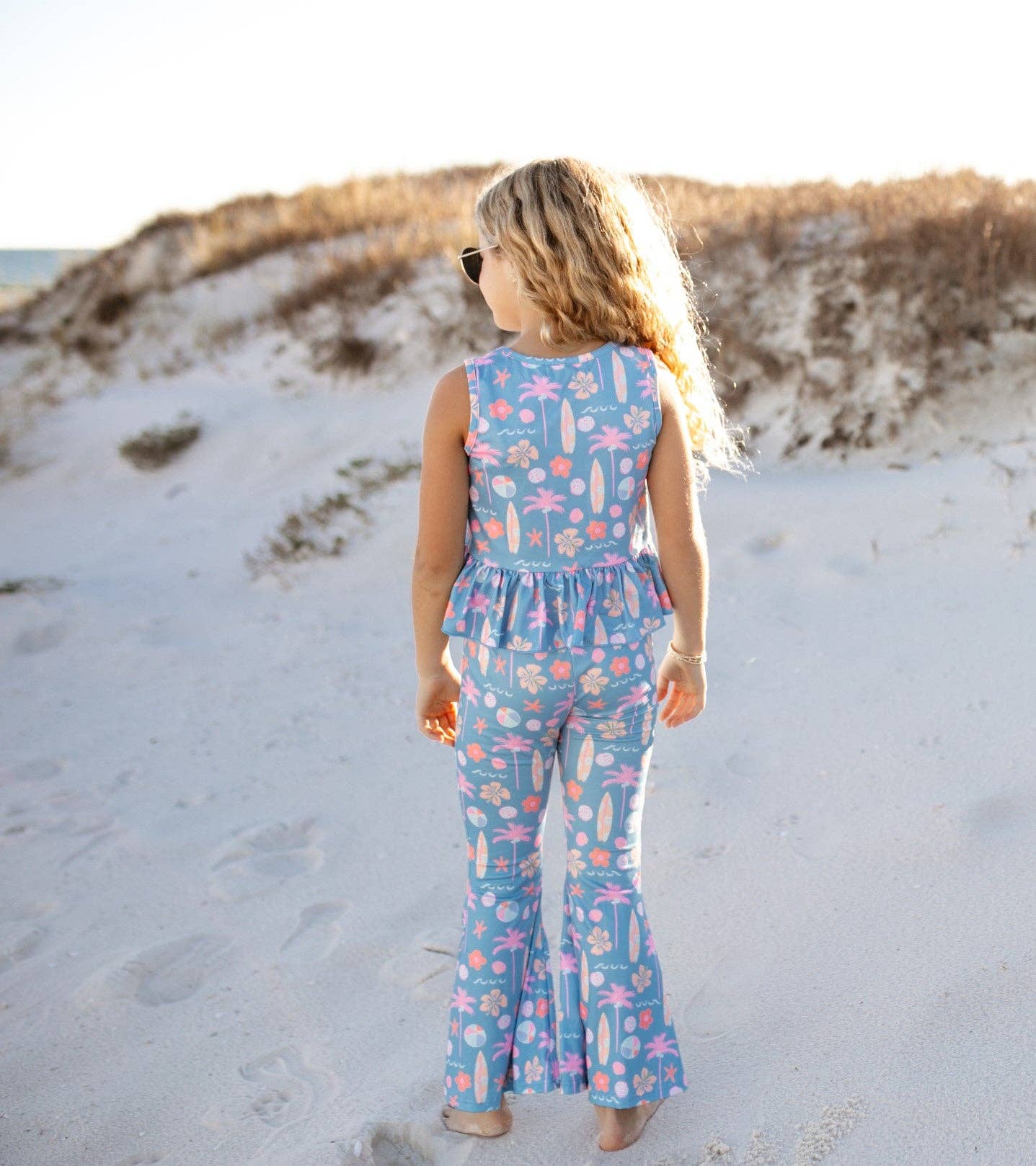 Kids Dusty Blue & Pink Summer Surf Print Flare Pant Set