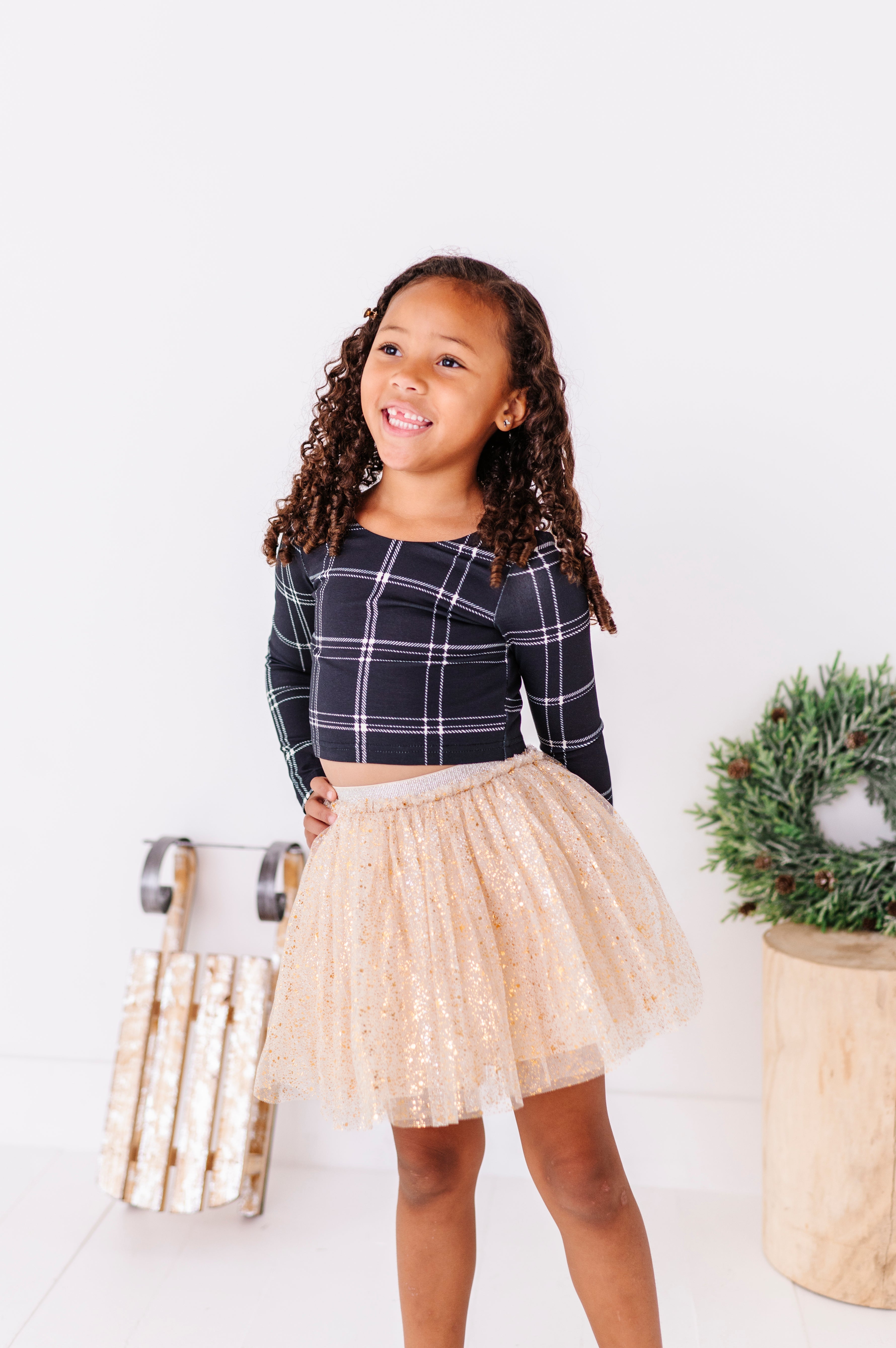 Black Plaid Top | CROPPED Bow Back Long Sleeve Top