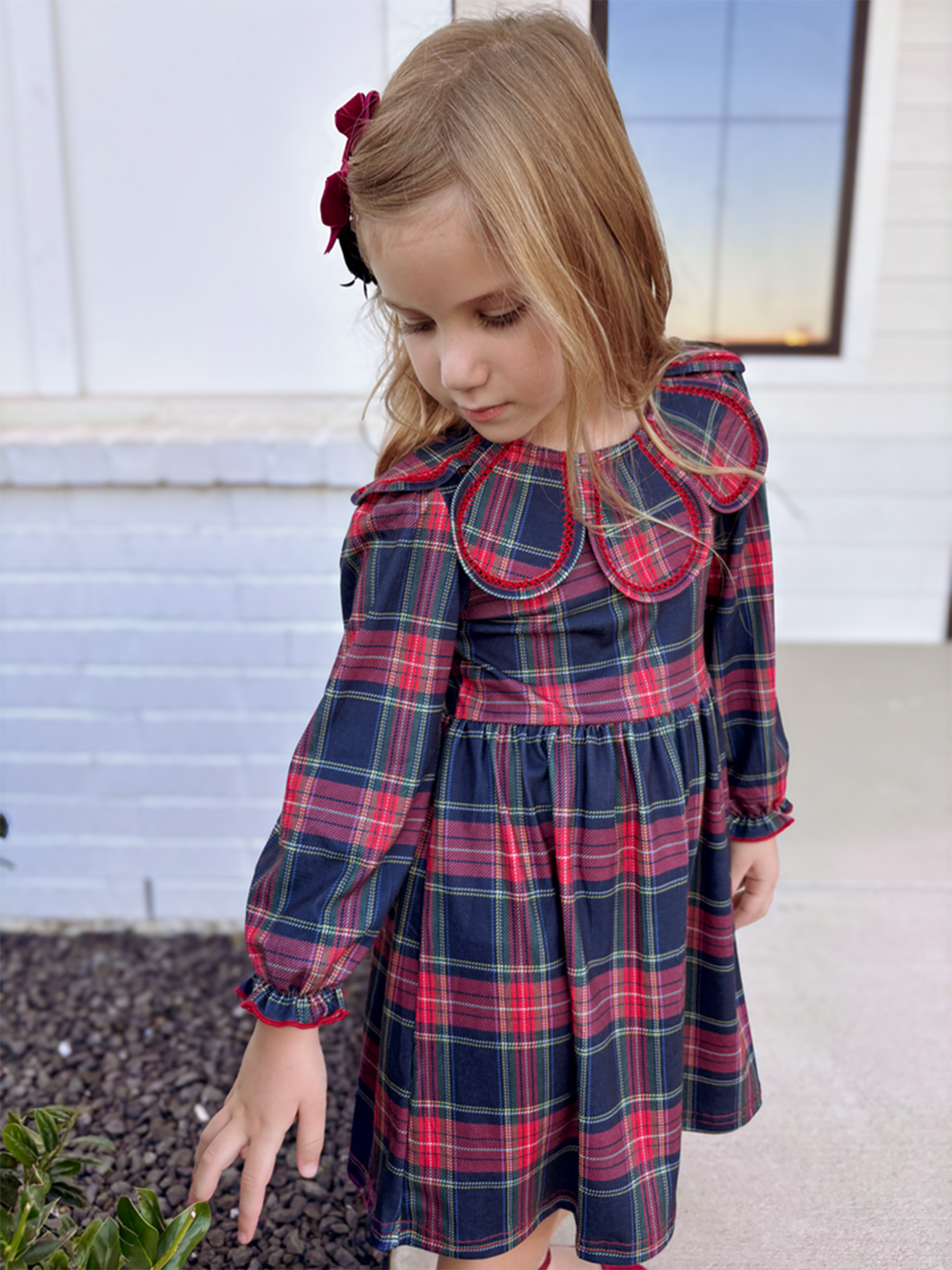 Fall Plaid Girl Dress Petal Collar Puff Sleeve Long Sleeve