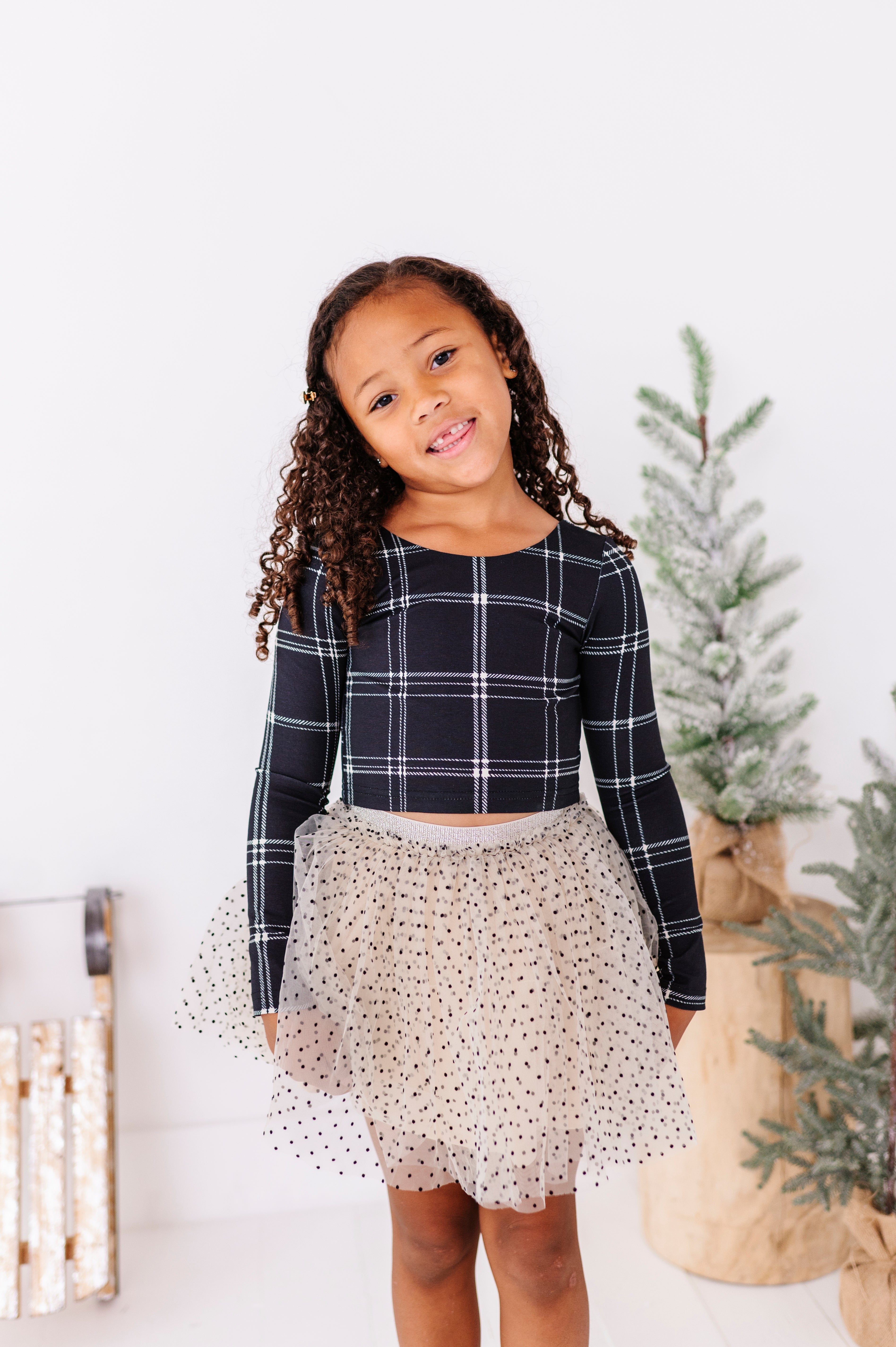 Black Plaid Top | CROPPED Bow Back Long Sleeve Top