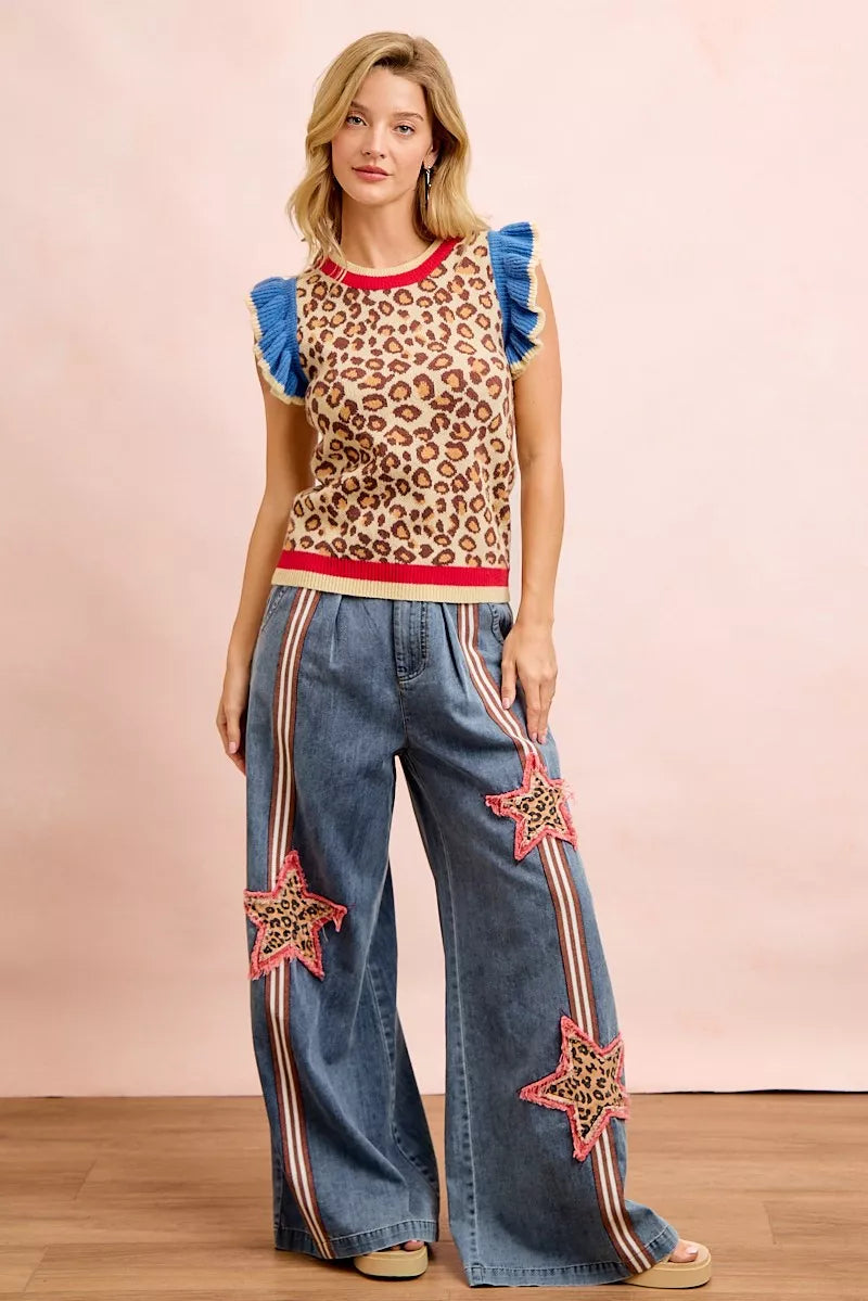 BiBi 4th Of July Leopard Ruffled Detail Knit Top - LEOPARD/RED/BLUE - Bexa Boutique