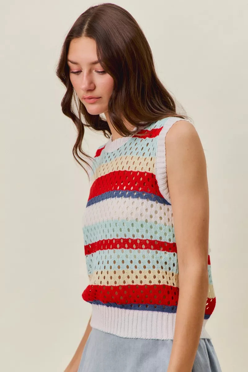 SO ME Tie Back Multi Stripe Sweater Knit Tank Top - RED MULTI - Bexa Boutique