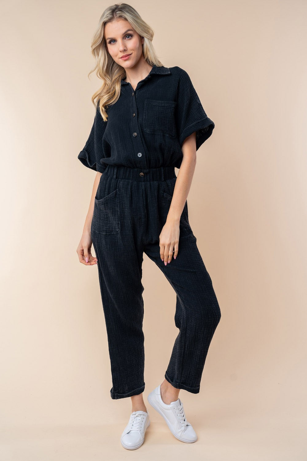 White Birch Textured Short Sleeve Jumpsuit