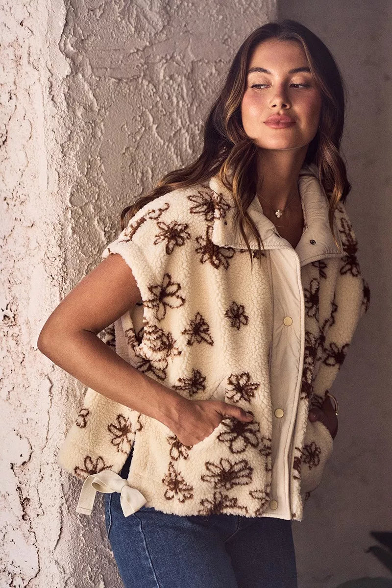 SO ME Flower Sherpa Fur Oversized Sleeveless Vest Jacket - BROWN - Bexa Boutique