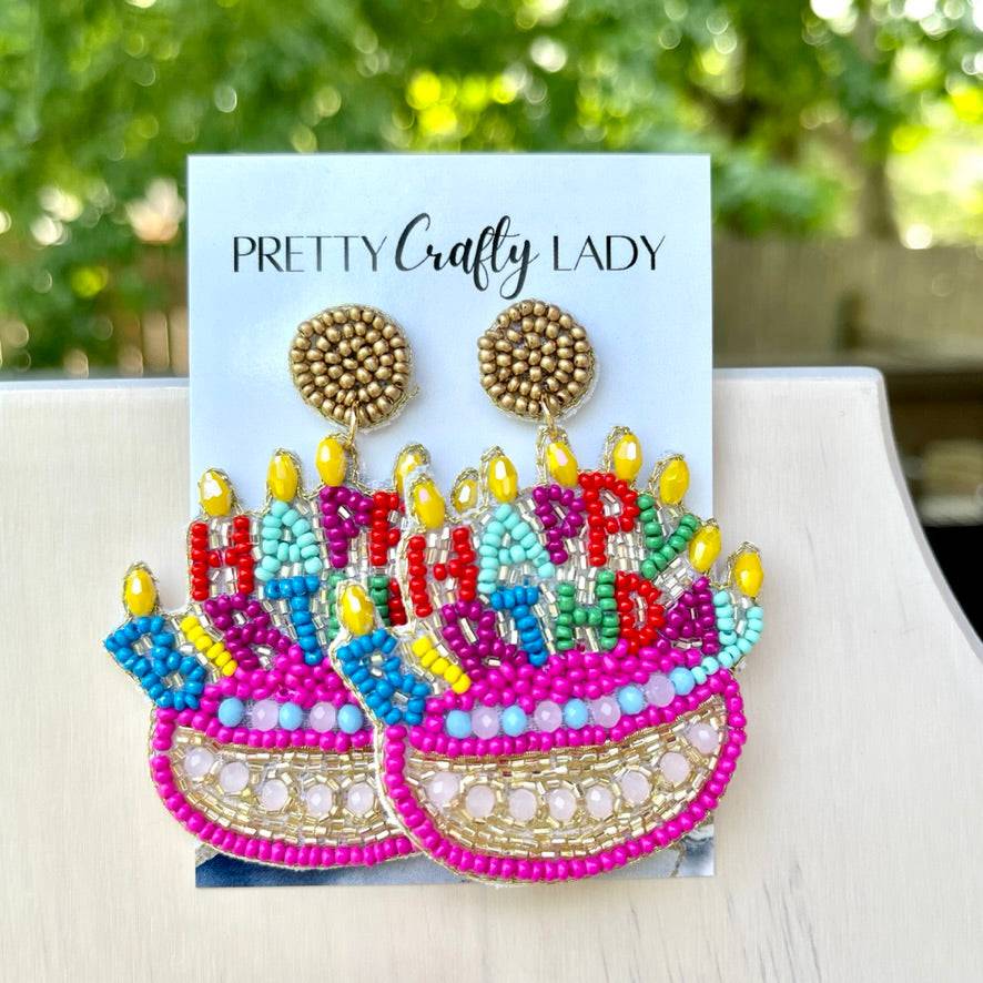 Happy Birthday Cake & Candles Beaded Earrings - Pretty Crafty Lady Shop