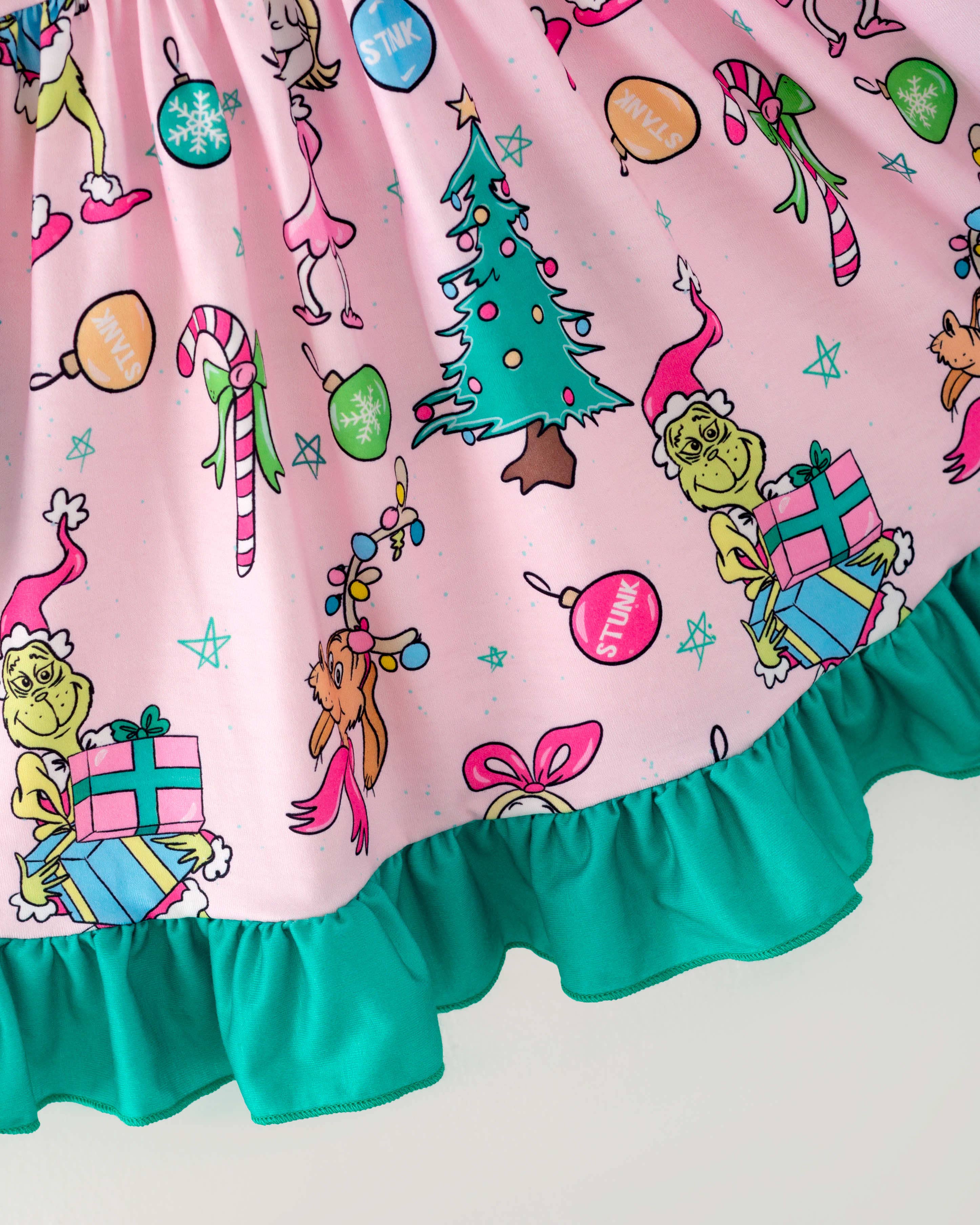 Christmas Pink Grinch Ruffle Girl Dress Kids Clothes