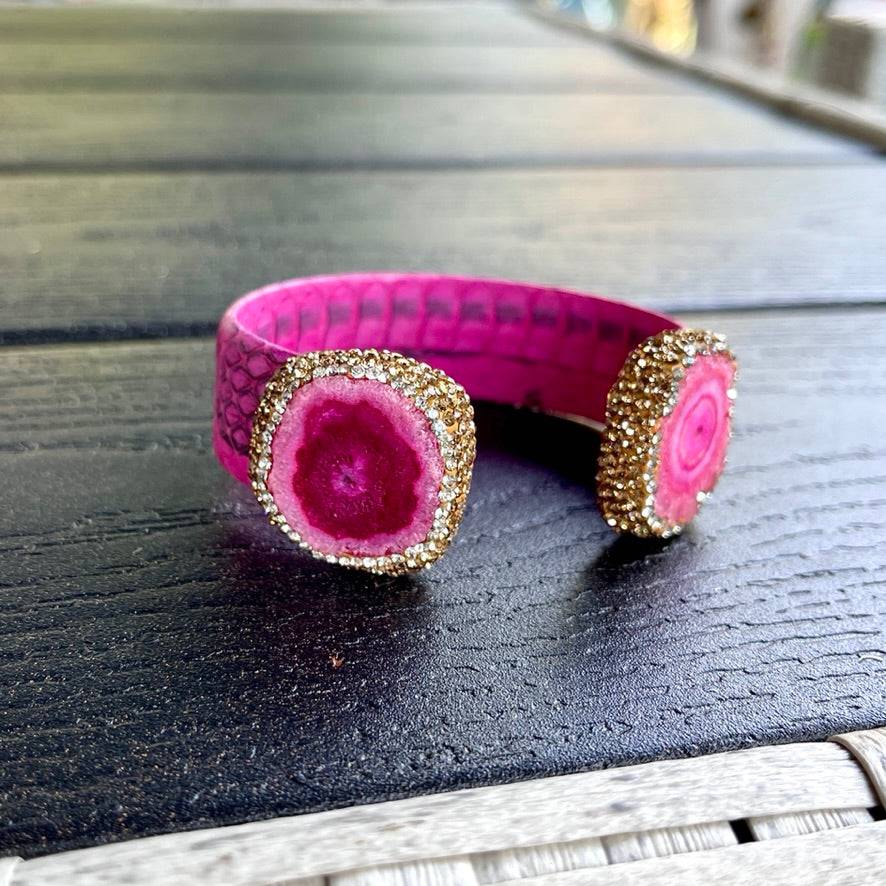 Pink Dyed Raw Crystal Open Cuff Bracelet with Pink Embossed Leather - Bexa Boutique