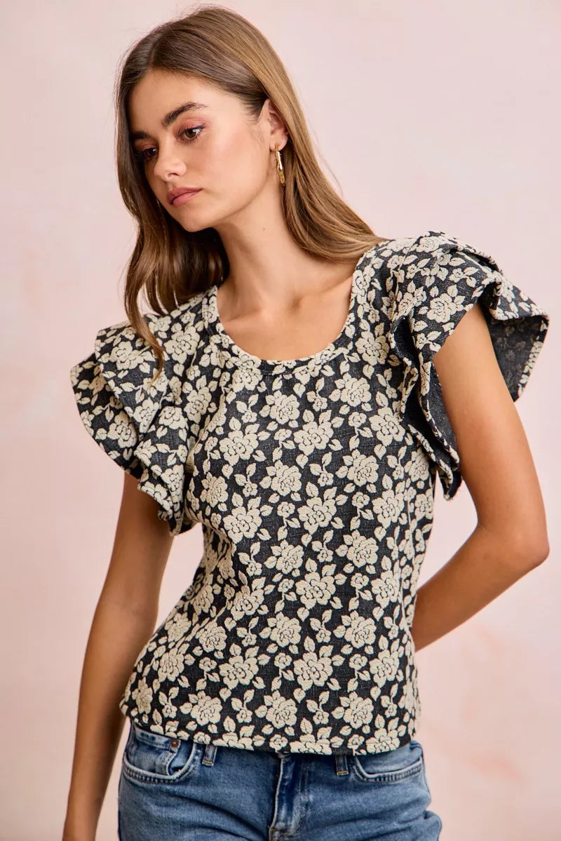 BiBi Floral Jacquard Ruffle Sleeves Knit Top - BLACK/LT GREY - Bexa Boutique