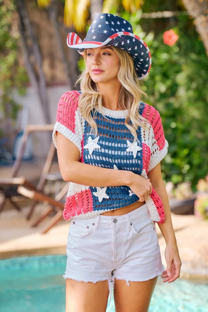 BiBi Crochet Star Patches 4th Of July Sweater Cover Up - AMERICAN FLAG - Bexa Boutique