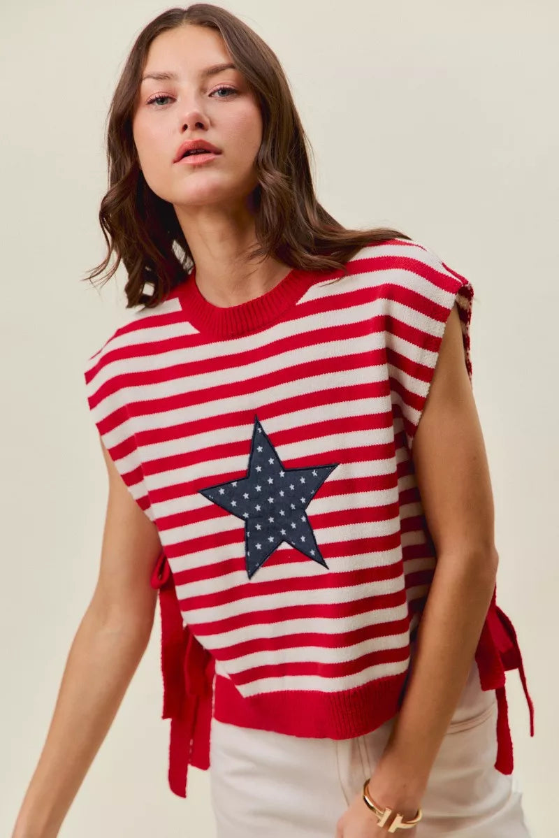 SO ME Stripe Star Patch 4th Of July Side Tie Vest Top - RED/IVORY - Bexa Boutique