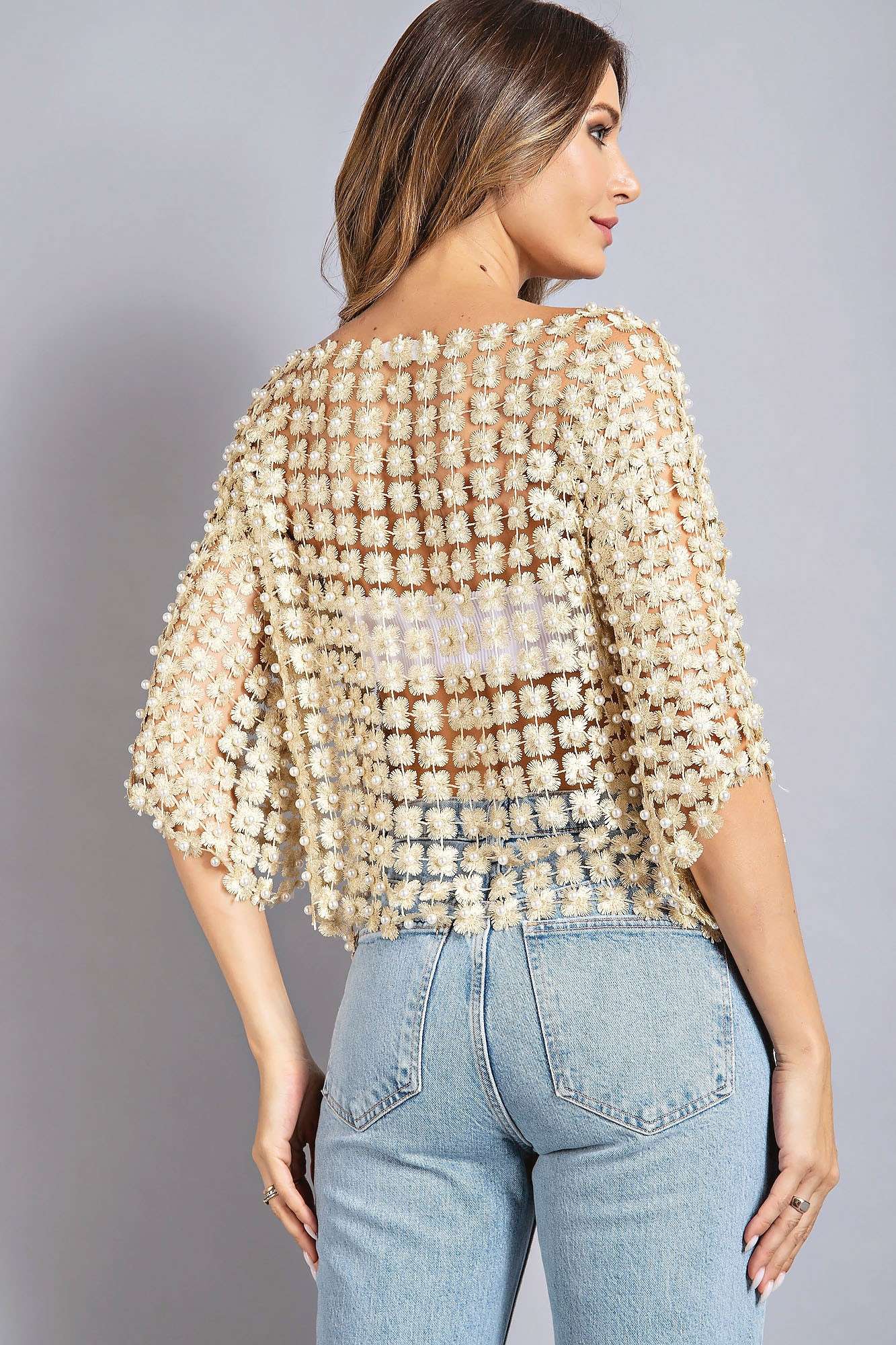 Pearl Beaded Lace Overlay Top