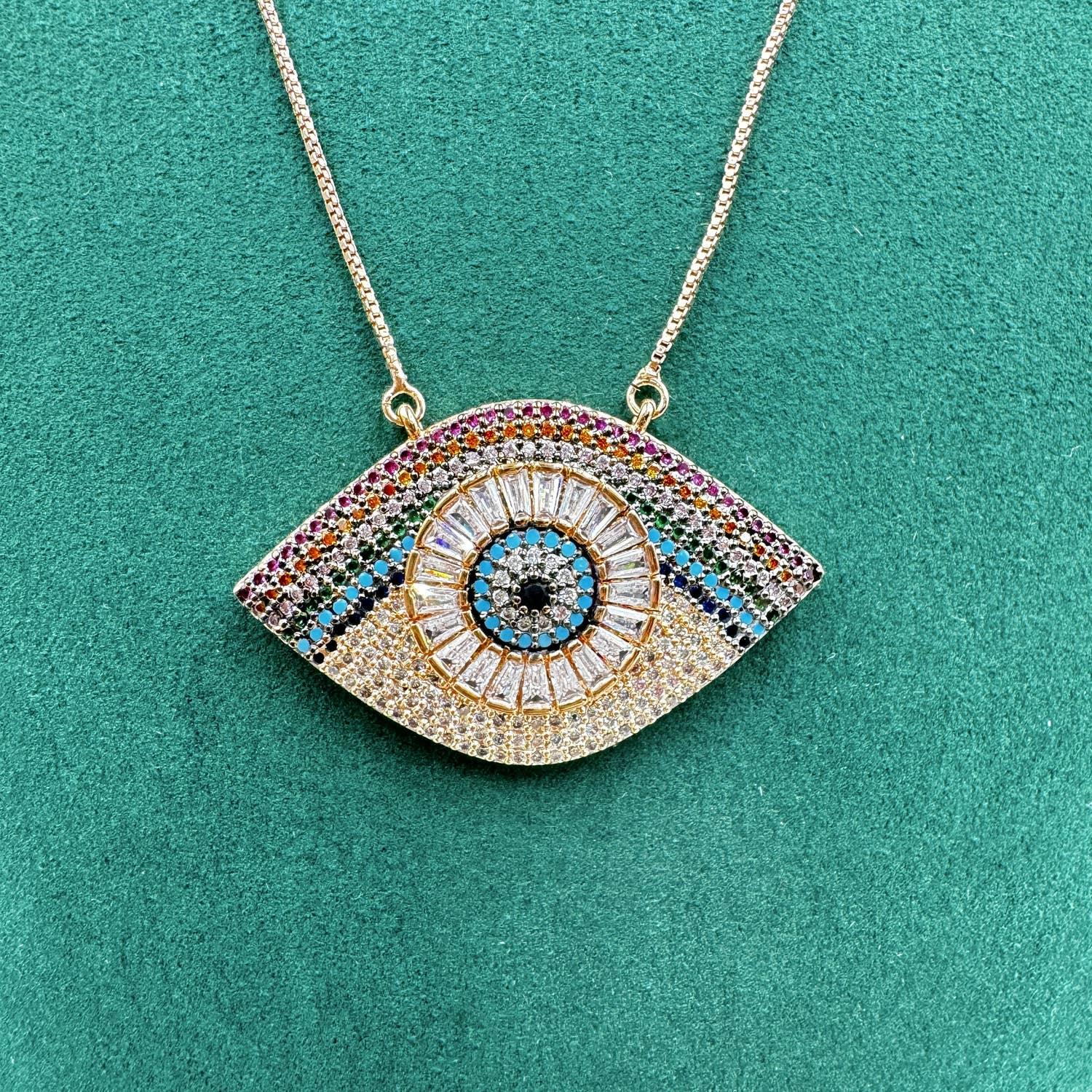 Evil Eye Cubic Zirconia Necklace Teal & Gold