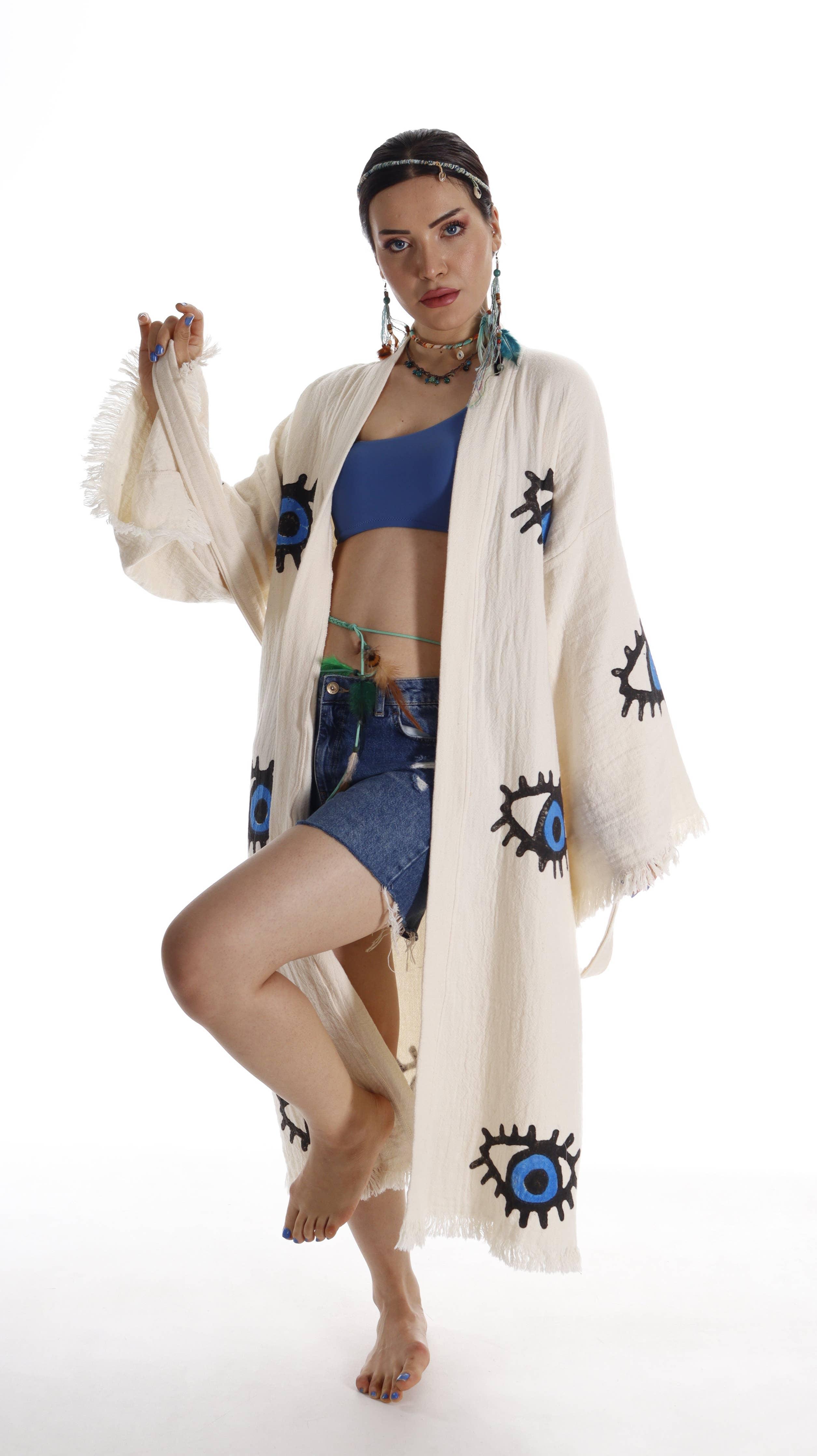 Organic Cotton Beach Kimono Evil Eye Painted