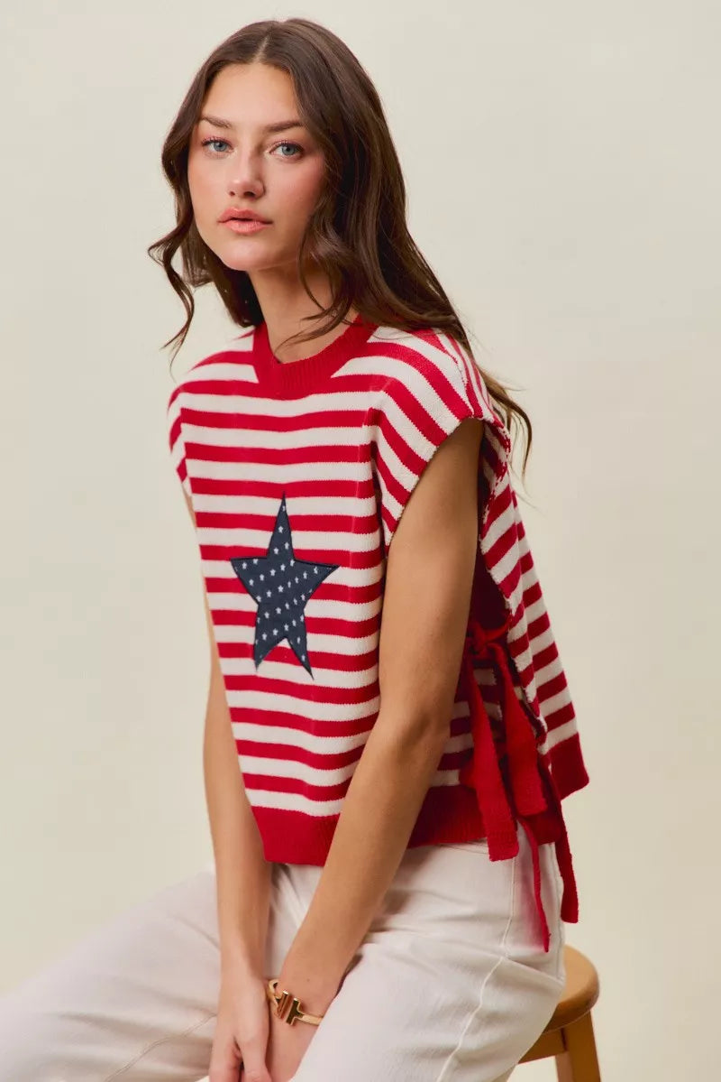 SO ME Stripe Star Patch 4th Of July Side Tie Vest Top - RED/IVORY - Bexa Boutique