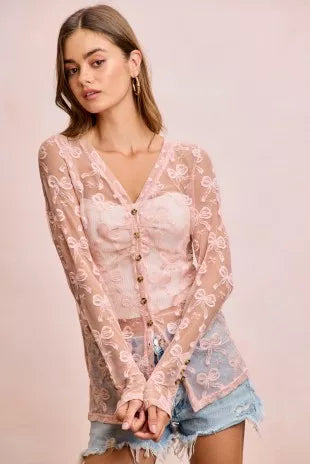 BiBi Bow Pattern Shrried V-neck Mesh Cardigan Top - DUSTY ROSE - Bexa Boutique