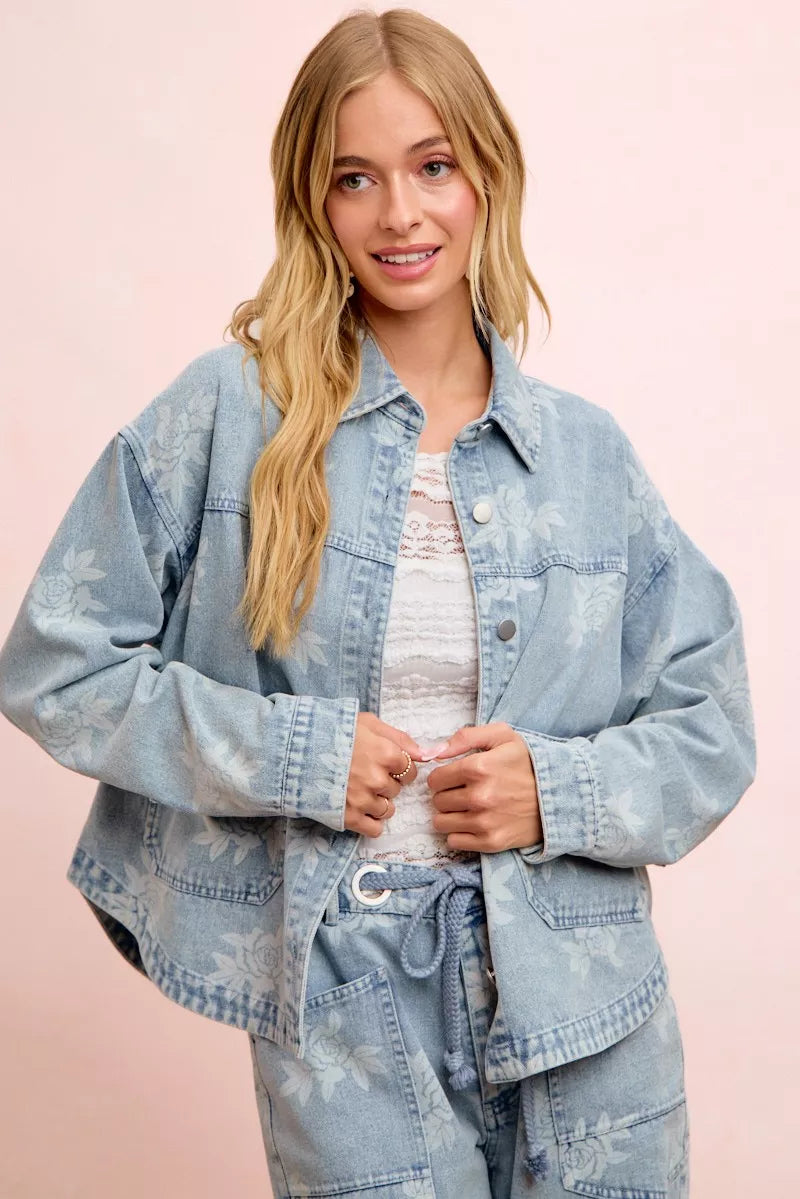 BiBi Printed Washed Denim Jacket With Pocket - DENIM - Bexa Boutique