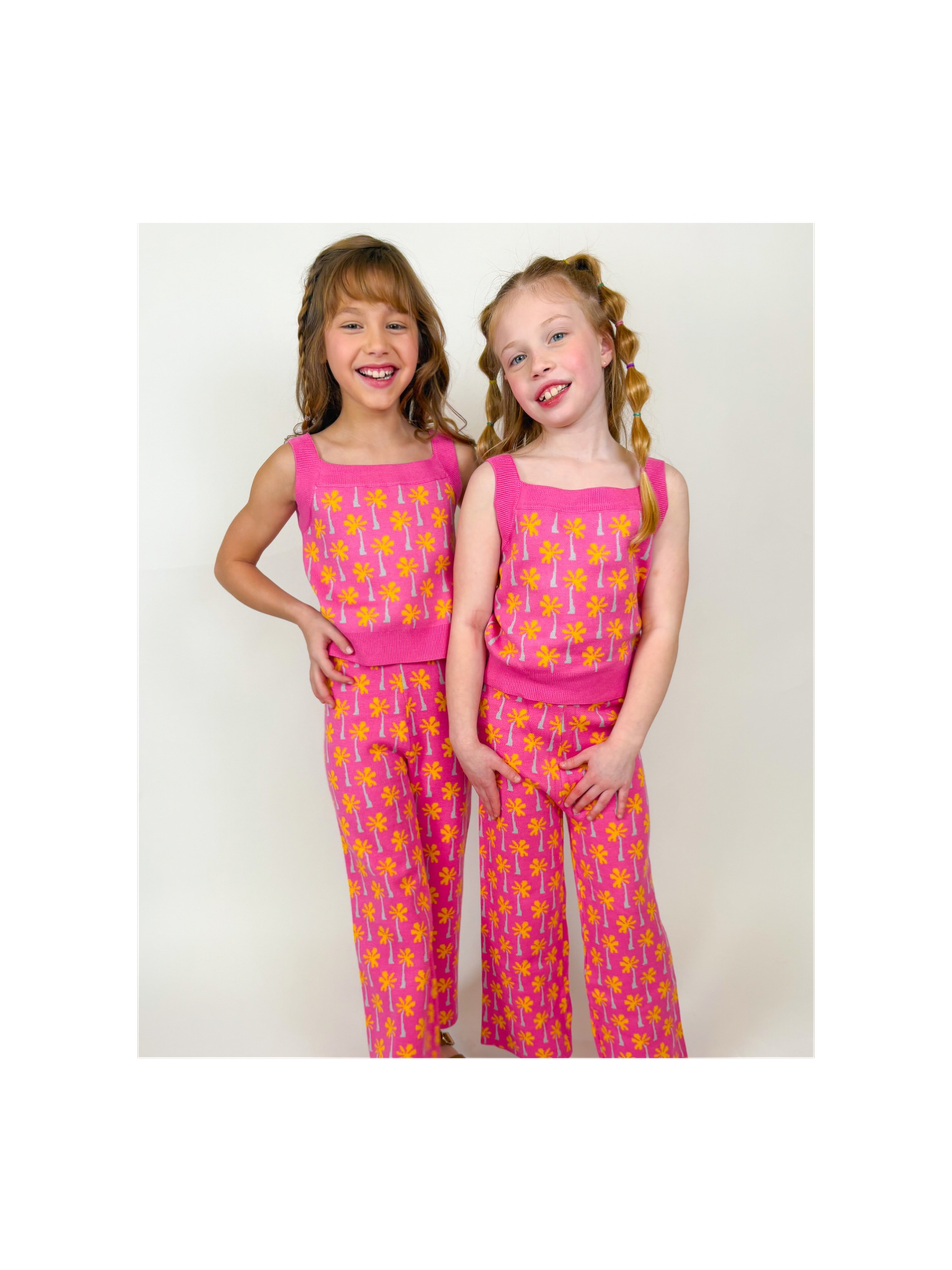 Pink Palm Tree Print Top and Pant Knit Set