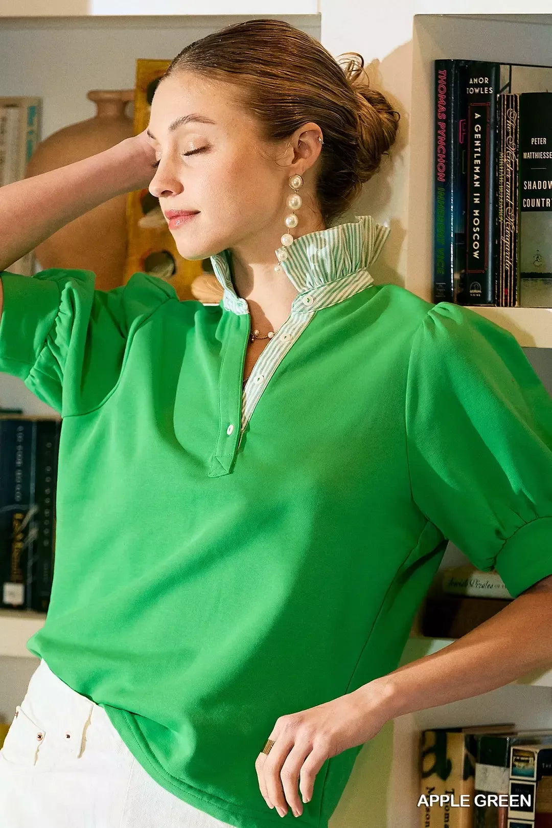 Umgee Striped Collar Popover Top - APPLE GREEN - Bexa Boutique