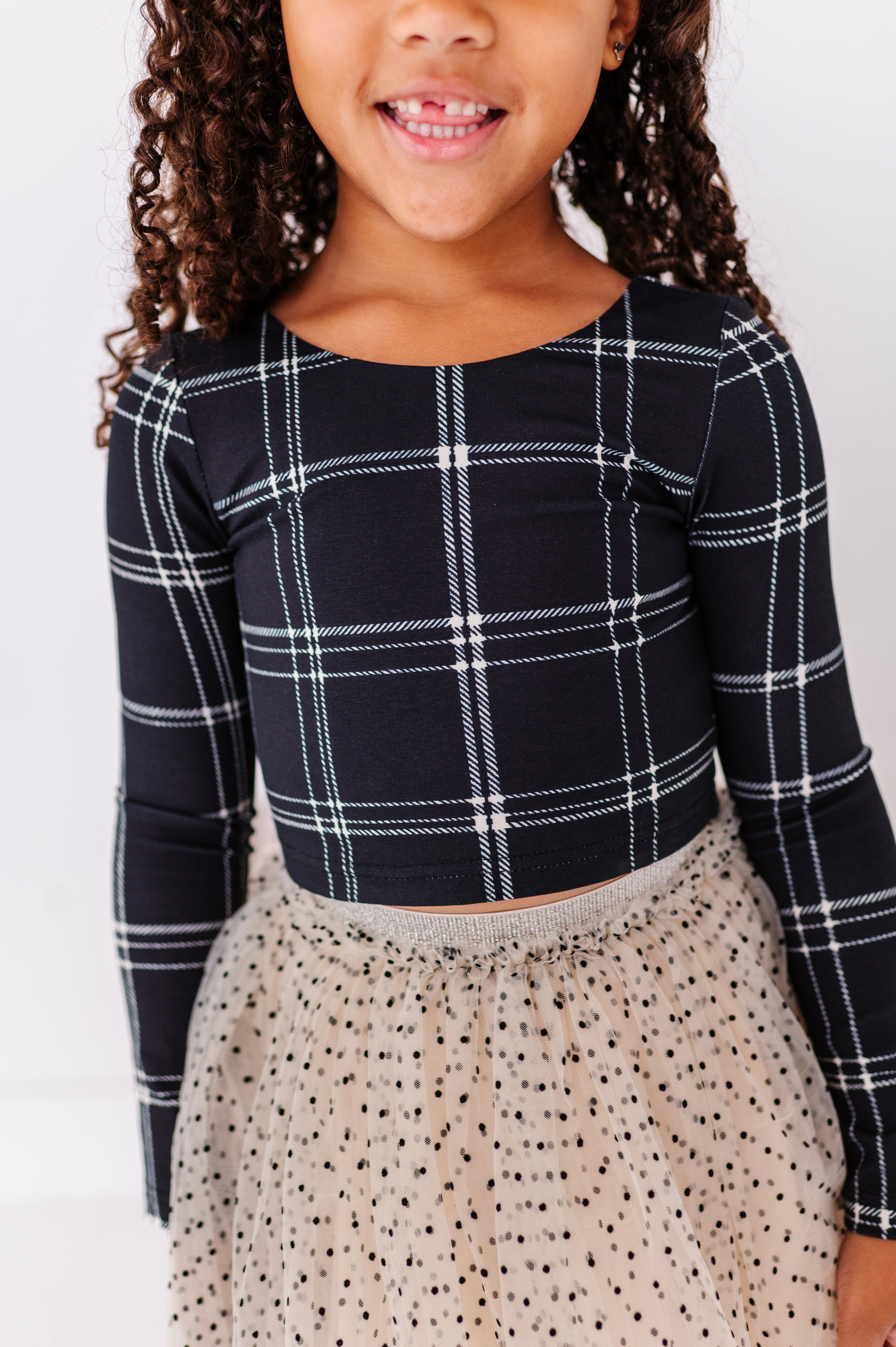Black Plaid Top | CROPPED Bow Back Long Sleeve Top