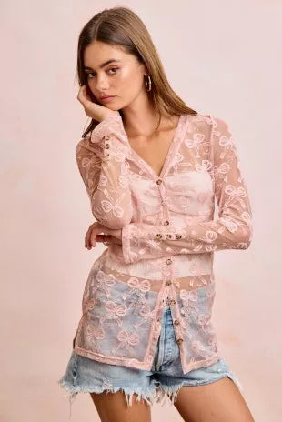 BiBi Bow Pattern Shrried V-neck Mesh Cardigan Top - DUSTY ROSE - Bexa Boutique
